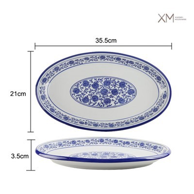 14 ইঞ্চি ডিম্বাকৃতি সিরামিক প্লেট ফিশ চীনামাটির বাসন প্লেট একটি রেট্রো নীল এবং সাদা হাতে আঁকা আন্ডারগ্লেজ এজ